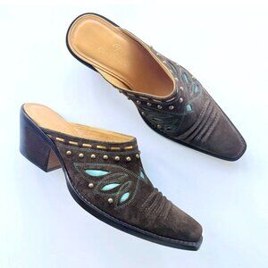 Cole Haan Studded Western Mules Suede Slides with Heel (Brown, Turquoise, Gold)